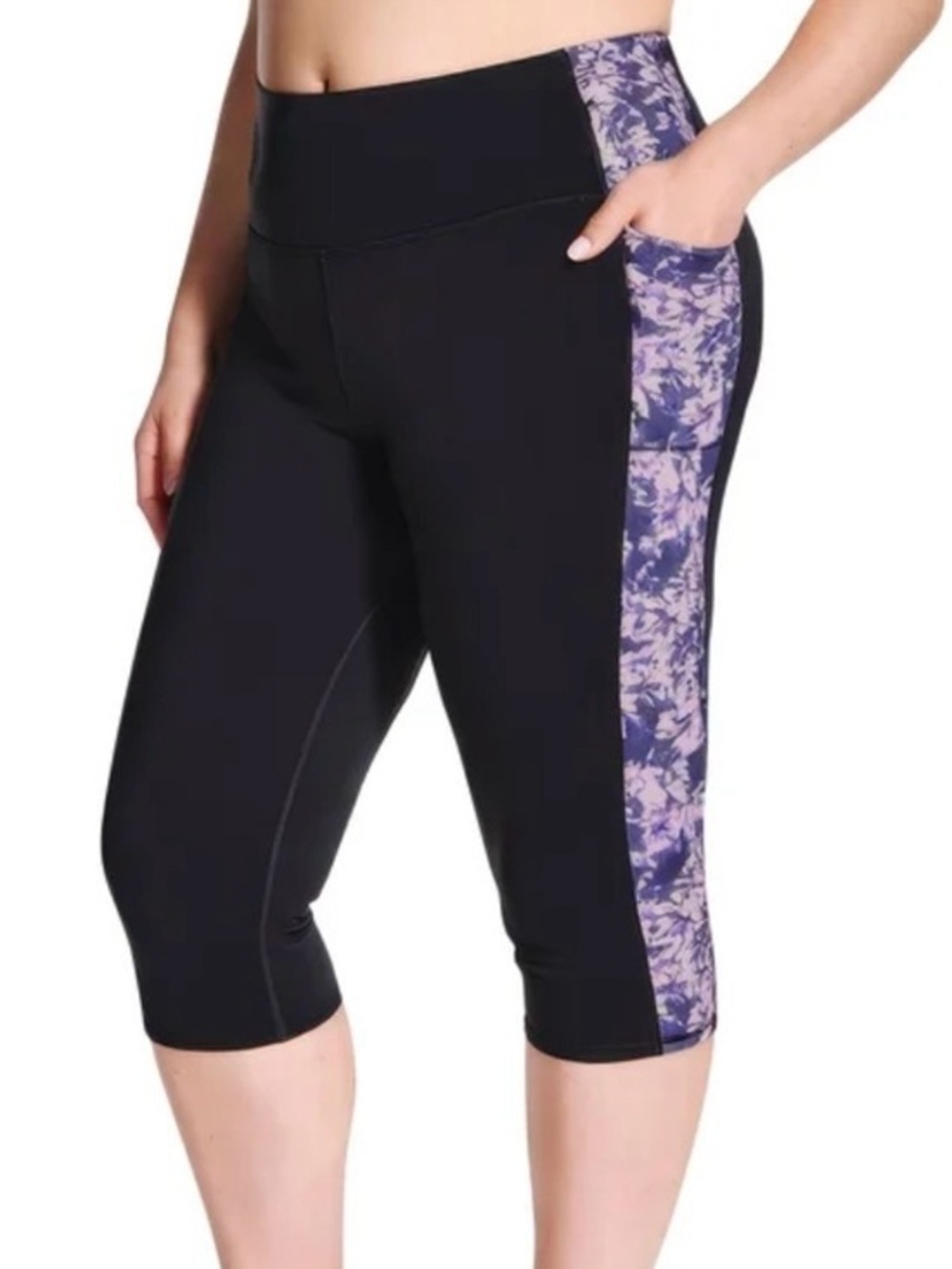 Skechers Women’s High-Waist Black Capri Leggings w/ Purple Floral Side Panel XXL